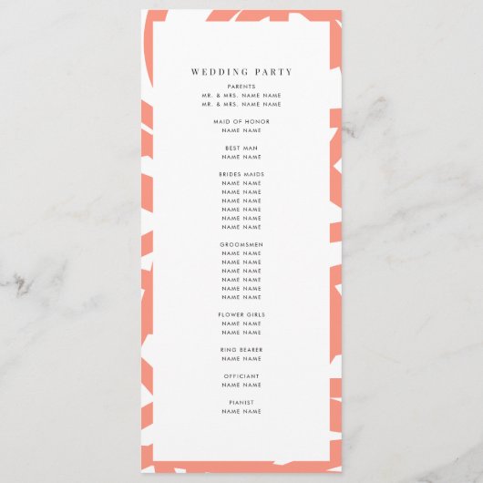 Coral Pop Modern Abstract huwelijksprogramma Programmakaart (Achterkant)