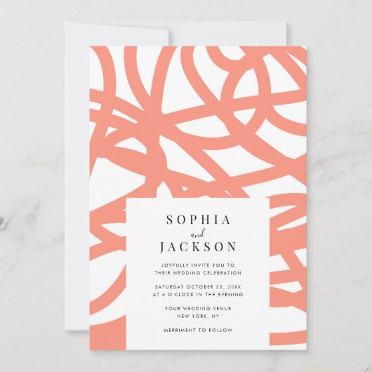 Coral Pop Modern Minimalistisch Abstract Huwelijk Kaart (Voorkant)
