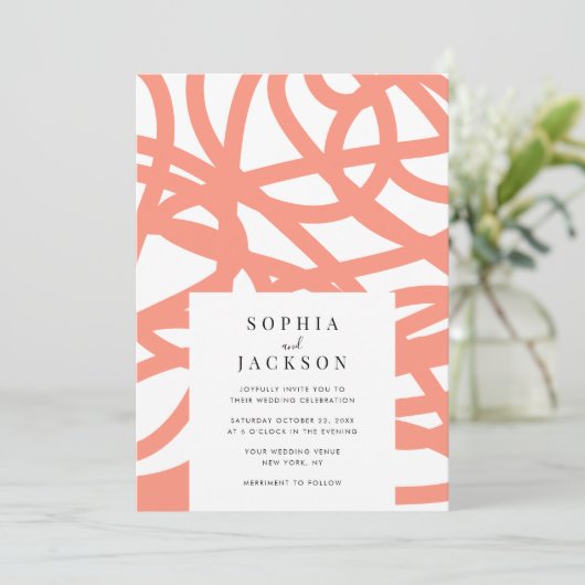 Coral Pop Modern Minimalistisch Abstract Huwelijk Kaart (Staand voorkant)