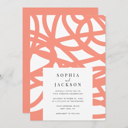 Coral Pop Modern Minimalistisch Abstract Huwelijk Kaart (Voorkant / Achterkant)