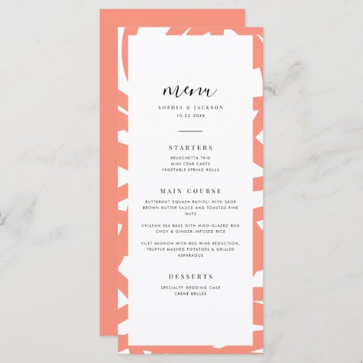 Coral Pop Modern minimalistisch Abstract huwelijks Menu (Voorkant / Achterkant)