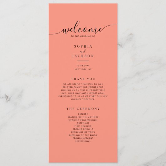 Coral Pop Modern minimalistisch huwelijksprogramma Programmakaart (Voorkant)
