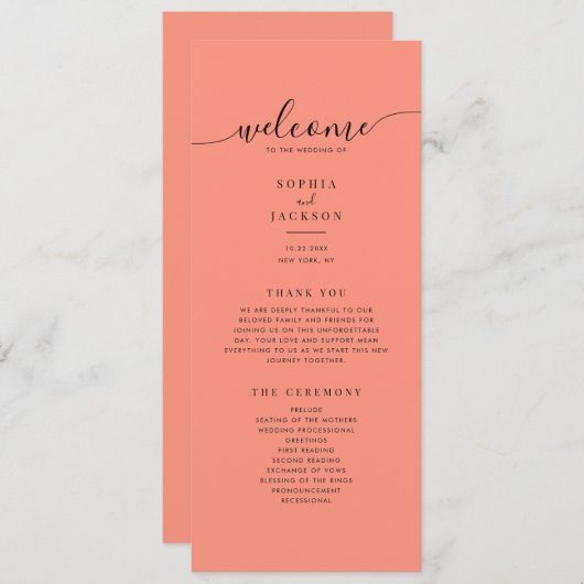Coral Pop Modern minimalistisch huwelijksprogramma Programmakaart (Voorkant / Achterkant)