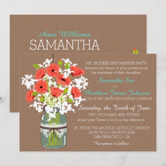 Coral Poppies Mason Jar Burlap Rustic Wedding Kaart (Voorkant / Achterkant)