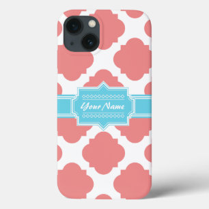 Coral Quatrefoil Aqua Gepersonaliseerde naam   N1 iPhone 13 Hoesje