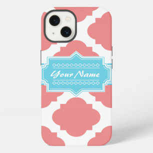 Coral Quatrefoil Aqua Gepersonaliseerde naam N1 iPhone 13 Hoesje