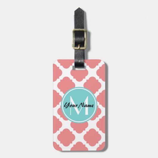 Coral Quatrefoil Mint Custom Monogram |N1 Bagagelabel (Voorkant verticaal)