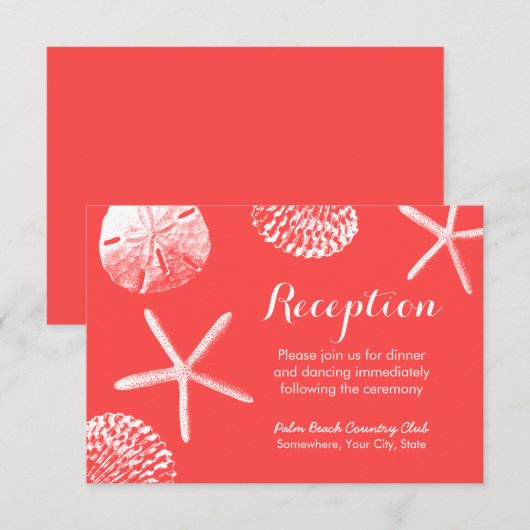 Coral Red Beach Theme Seashells Huwelijksreceptie Kaart (Voorkant / Achterkant)