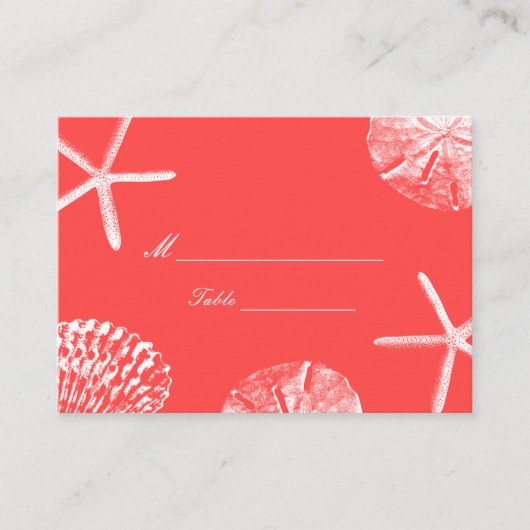 Coral Red Beach Theme Seashells Wedding Place Card Plaatskaartje (Voorkant)