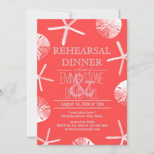Coral Red Beach Theme Weddenschap Rehearsal Dinner Kaart (Voorkant)