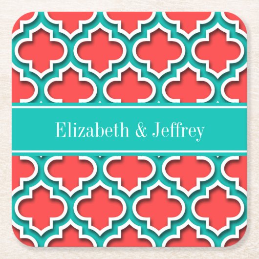 Coral Red, Blauwgroen Marokkaans #5DS Monogram Bla Kartonnen Onderzetters (Voorkant)