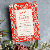 Coral Red Botanical Modern Tropical Elegant Leaf Save The Date