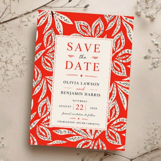Coral Red Botanical Modern Tropical Elegant Leaf Save The Date