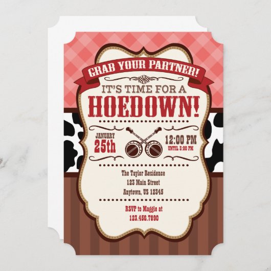 Coral Red Brown Hoedown Party Kaart (Voorkant / Achterkant)