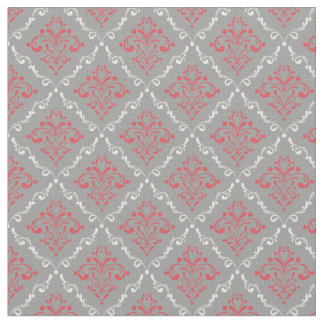 Coral Red en Cream Damask op Silver Grey Stof