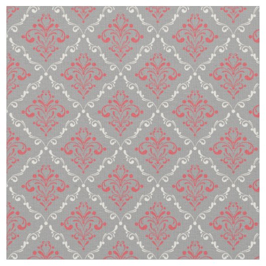 Coral Red en Cream Damask op Silver Grey Stof (Close Up)