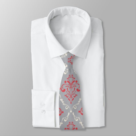 Coral Red en Cream Damask op Silver Grey Stropdas (Gebonden)