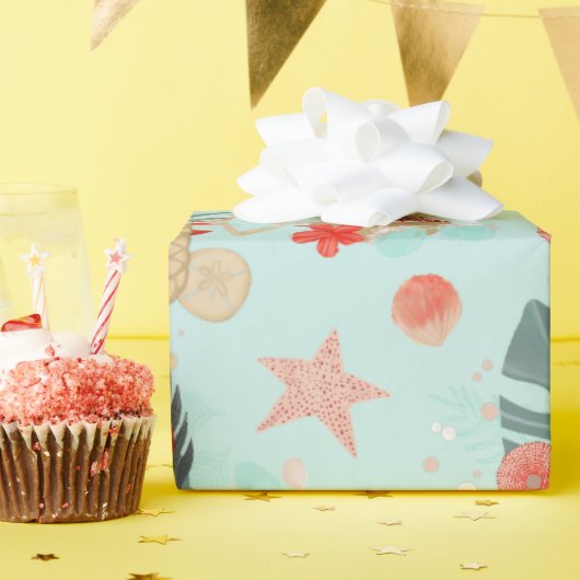 Coral Red en Mint Beach Pattern Cadeaupapier (Verjaardagsfeest)