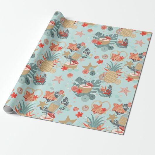 Coral Red en Mint Beach Pattern Cadeaupapier (Uitgerold)