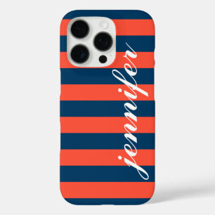 Coral Red en Navy Stripes Aangepast Script Monogra iPhone 16 Pro Hoesje