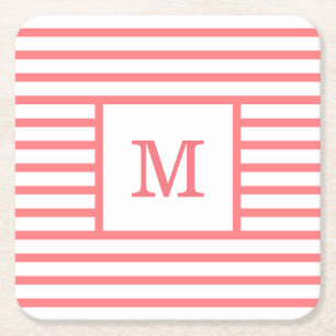 Coral Red en White Stripes - aangepast monogram Kartonnen Onderzetters