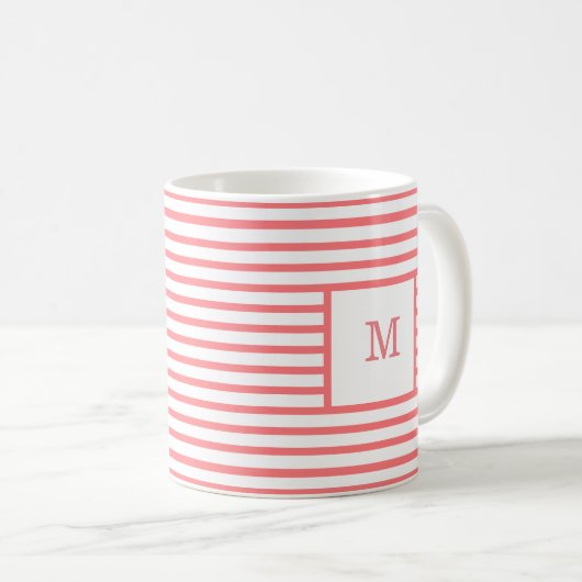 Coral Red en White Stripes - aangepast monogram Koffiemok (Voorkant rechts)