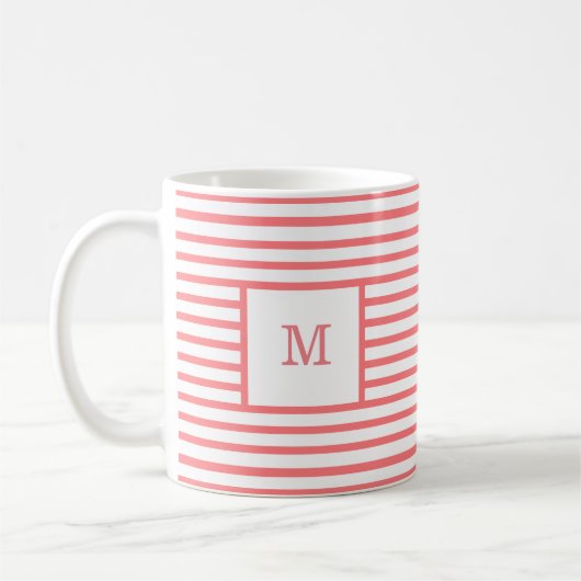 Coral Red en White Stripes - aangepast monogram Koffiemok (Links)