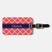Coral Red Fancy Quatrefoil Navy Naam Monogram Bagagelabel (Voorkant horizontaal)
