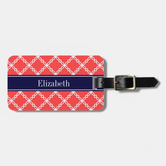 Coral Red Fancy Quatrefoil Navy Naam Monogram Bagagelabel (Voorkant horizontaal)