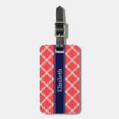 Coral Red Fancy Quatrefoil Navy Naam Monogram Bagagelabel (Voorkant verticaal)