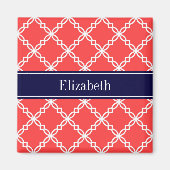 Coral Red Fancy Quatrefoil Navy Naam Monogram Magneet (Voorkant)