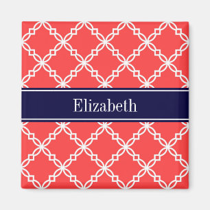 Coral Red Fancy Quatrefoil Navy Naam Monogram Magneet