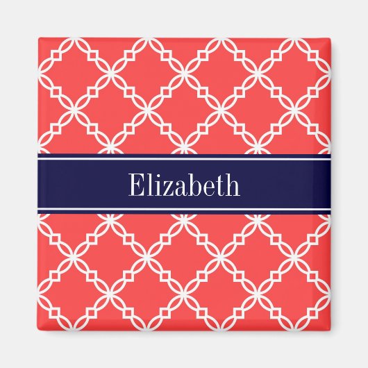 Coral Red Fancy Quatrefoil Navy Naam Monogram Magneet (Voorkant)