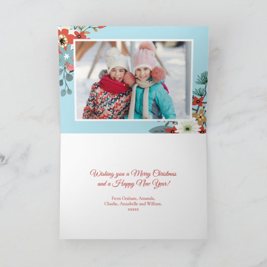 Coral Red Floral Blue Kerstfoto Feestdagen Kaart (Binnen)