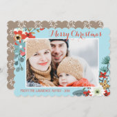 Coral Red Floral Blue Kerstfoto Feestdagenkaart (Voorkant / Achterkant)