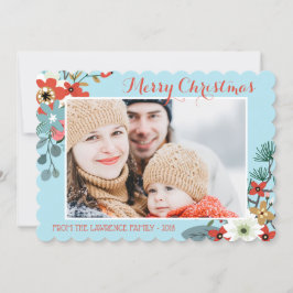 Coral Red Floral Blue Kerstfoto Feestdagenkaart