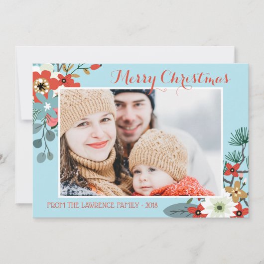 Coral Red Floral Blue Kerstfoto Feestdagenkaart (Voorkant)
