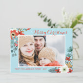 Coral Red Floral Blue Kerstfoto Feestdagenkaart (Staand voorkant)