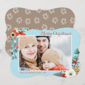 Coral Red Floral Blue Kerstfoto Feestdagenkaart (Voorkant / Achterkant)