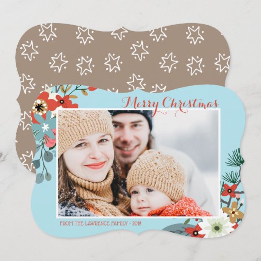 Coral Red Floral Blue Kerstfoto Feestdagenkaart (Voorkant / Achterkant)