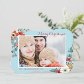 Coral Red Floral Blue Kerstfoto Feestdagenkaart (Staand voorkant)
