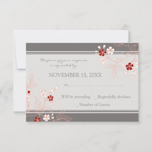 Coral Red Gray Floral RSVP Weddenschap Card (Voorkant)