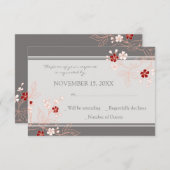 Coral Red Gray Floral RSVP Weddenschap Card (Voorkant / Achterkant)