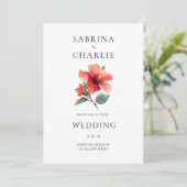 Coral Red Hibiscus Floral Tropical Wedding Kaart (Staand voorkant)