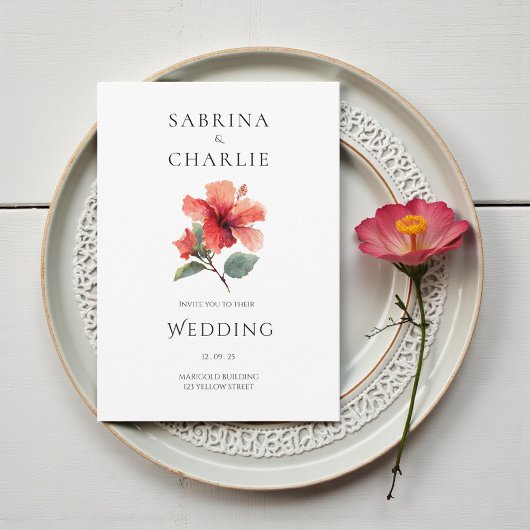 Coral Red Hibiscus Floral Tropical Wedding Kaart