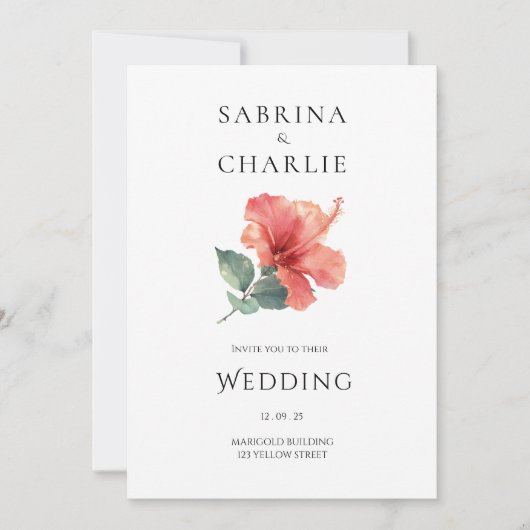Coral Red Hibiscus Floral Tropical Wedding Kaart (Voorkant)