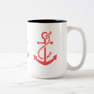 Coral Red Nautical Boat Anchor Tweekleurige Koffiemok