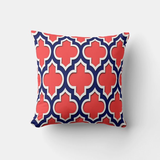 Coral Red Navy White Moroccan Quatrefoil #4DS Kussen (Voorkant)