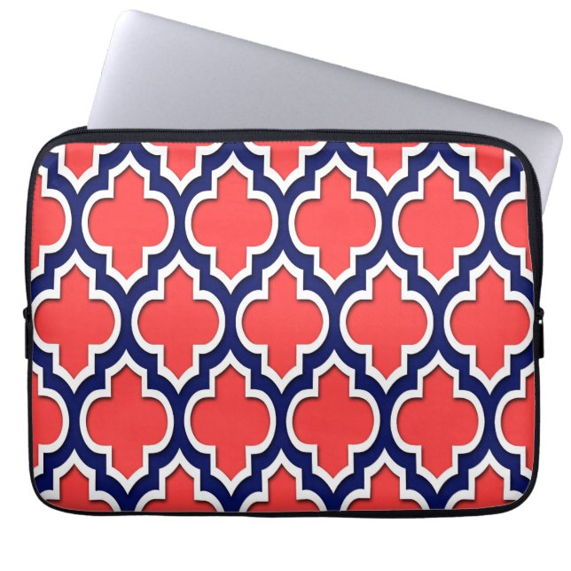 Coral Red Navy White Moroccan Quatrefoil #4DS Laptop Sleeve (Voorkant)