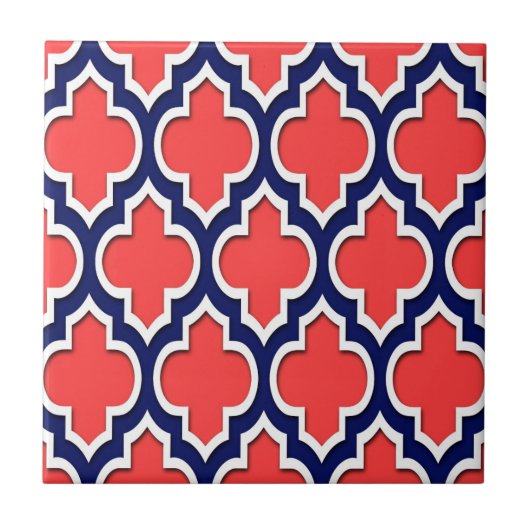 Coral Red Navy White Moroccan Quatrefoil #4DS Tegeltje (Voorkant)